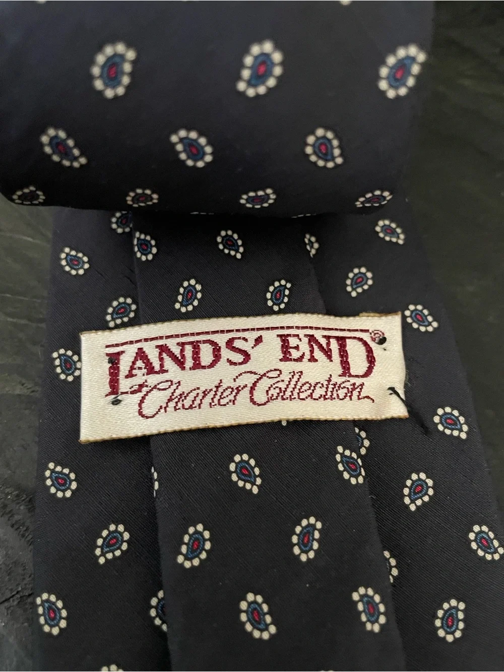 Vintage Lands’ End Charter Classic Navy Men's Necktie with Dot Medallion Pattern